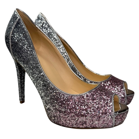 Marc Fisher Harpyly Heels Pumps Sz 9.5 Silver Pink Peep Toe Sparkle Glitter - Picture 2 of 16